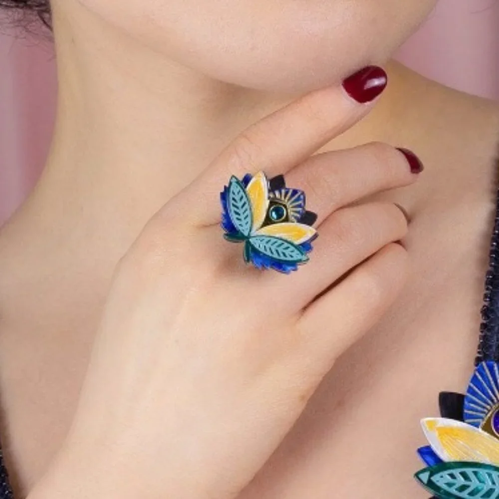 Erstwilder The Blue Lotus Ring. Medium, new in box. Art Deco. Egyptian Revival.